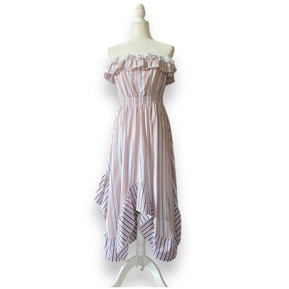 Revolve MISA Virginie Strapless Midi Dress Sz S
Pink Stripe Ruffled Castlecore